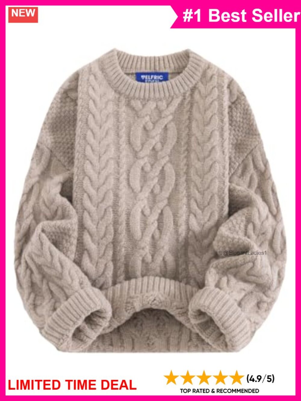 Oversized Chunky Cable Knit Crew Neck Pullover Sweater